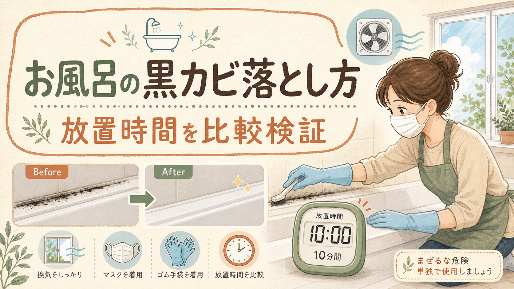 お風呂の黒カビと放置時間の比較解説画像