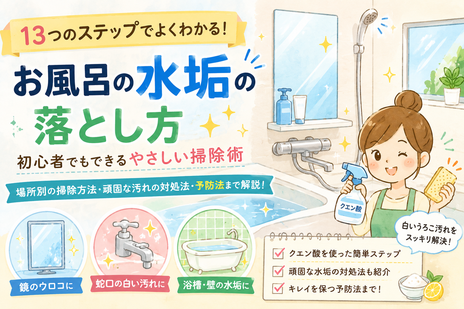 【13つのステップ】お風呂 水垢 落とし方を初心者でもできる形でやさしく解説｜お風呂の水垢はなぜできる？の解説画像2
