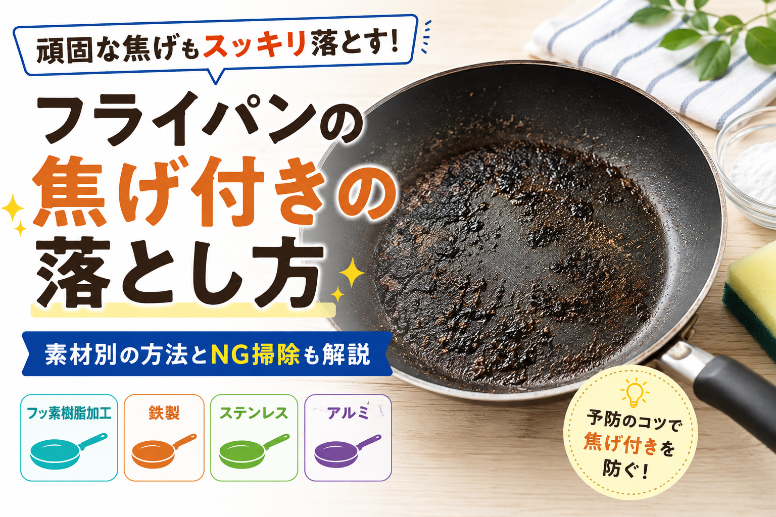 フライパンの頑固な焦げ付きの落とし方｜傷つけない掃除方法｜フライパンの焦げ付きはなぜ落ちにくい？の解説画像