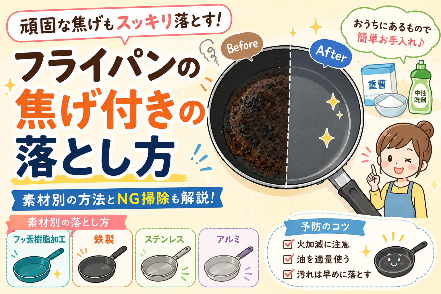 フライパンの頑固な焦げ付きの落とし方｜傷つけない掃除方法｜フライパンの焦げ付きはなぜ落ちにくい？の解説画像2