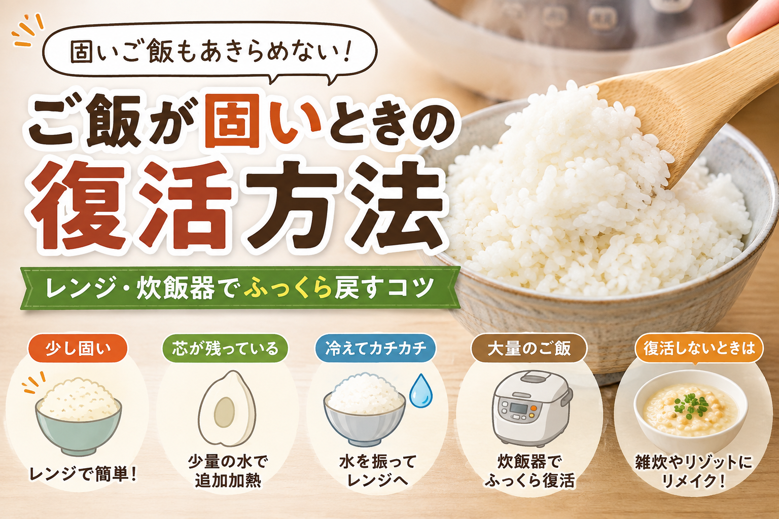 ご飯が固いときの復活方法｜レンジ・炊飯器でふっくら戻すコツのイメージ画像