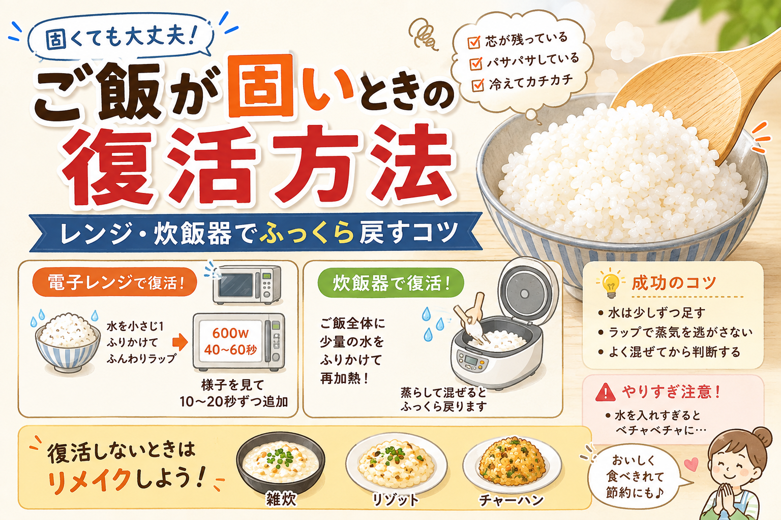 ご飯が固いときの復活方法｜レンジ・炊飯器でふっくら戻すコツ｜ご飯が固いときは復活できる？の解説画像2