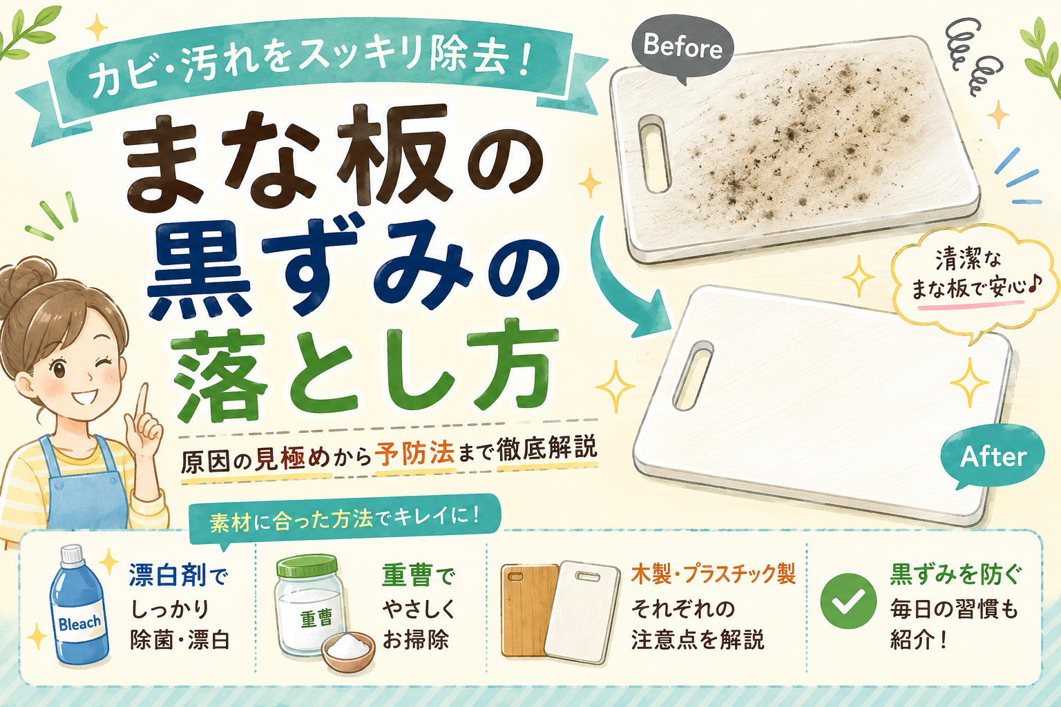 まな板の黒ずみの落とし方｜カビ・汚れをスッキリ除去する方法｜まな板の黒ずみはなぜできる？まず原因を確認の解説画像2