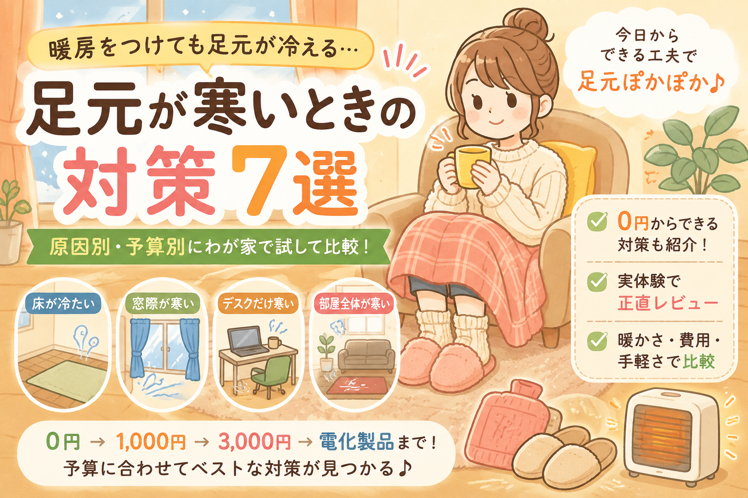 足元が寒いときの対策7選｜原因別・予算別にわが家で試して比較｜暖房をつけても足元が寒いのはなぜ？の解説画像2