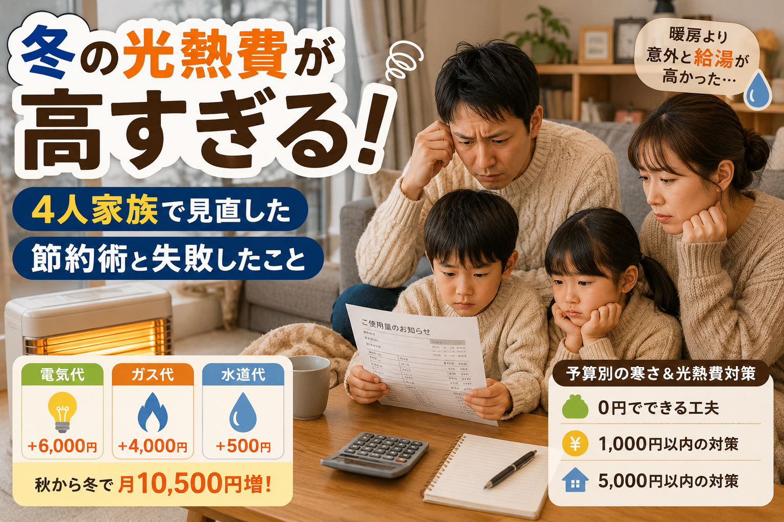 冬の光熱費が高すぎる！4人家族で見直した節約術と失敗したこと｜冬の光熱費が高いのはなぜ？原因は暖房だけじゃないの解説画像