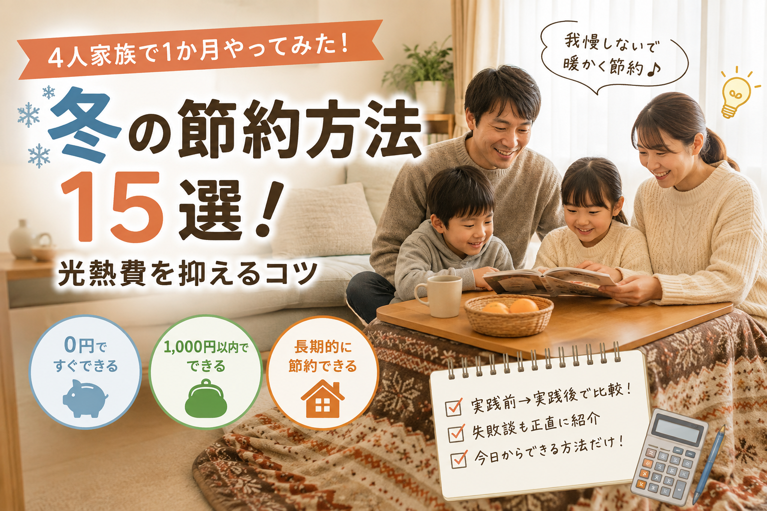 # 冬の節約方法15選！4人家族で1か月試した光熱費を抑えるコツのイメージ画像