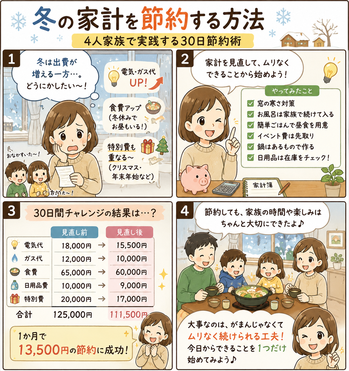 冬の家計を節約する方法｜4人家族で実践する30日節約術のイメージ画像3