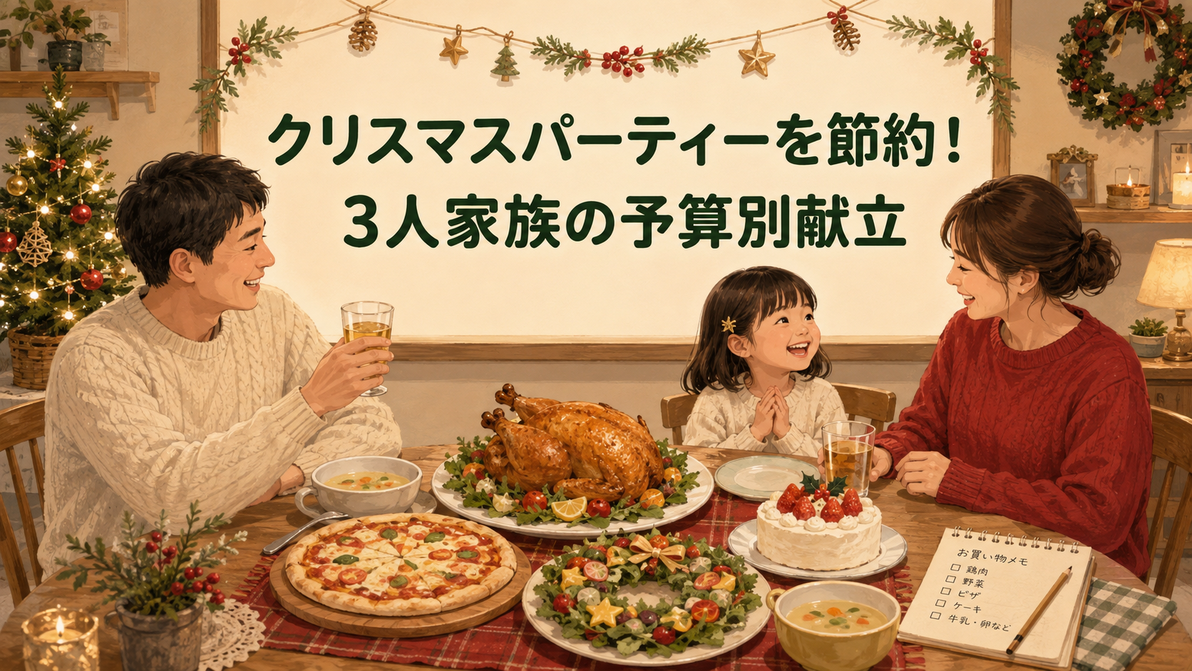クリスマスパーティーを節約！3人家族の予算別献立のイメージ画像
