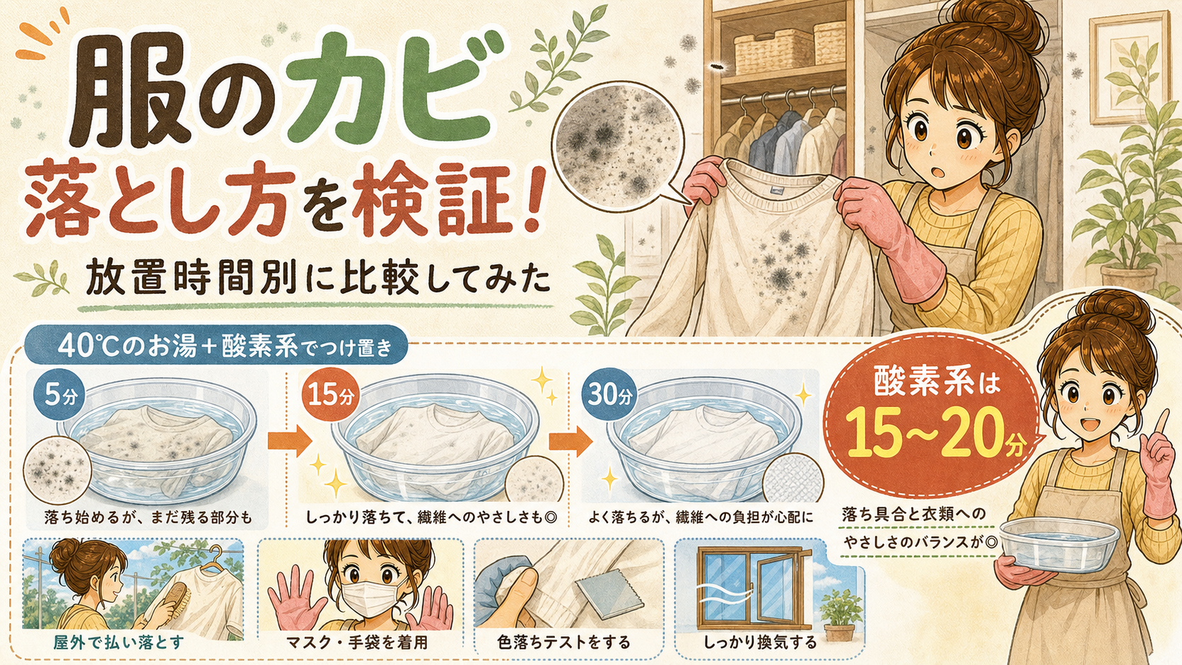 服のカビの落とし方と放置時間を比較した解説画像