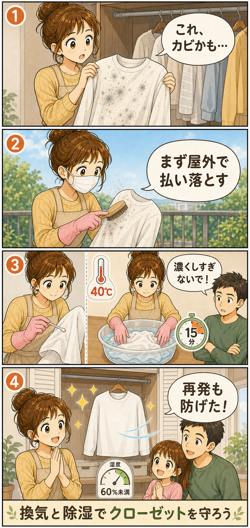 服のカビ取りと再発予防を説明する4コマ漫画