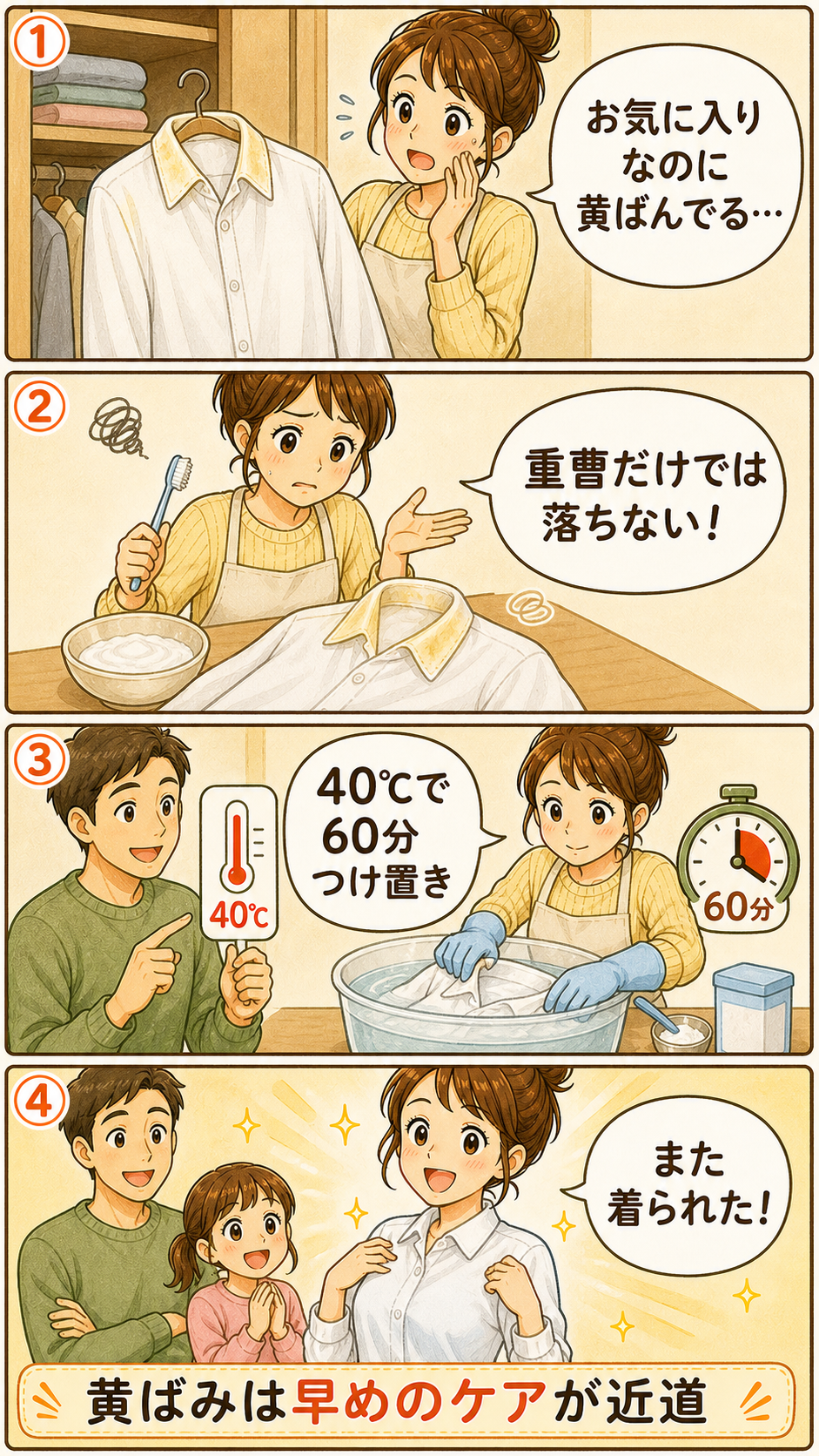 洗濯物の黄ばみを落とす方法の4コマ漫画