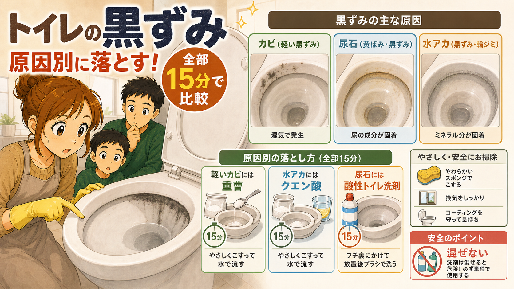 トイレ黒ずみの原因と落とし方を比較した画像