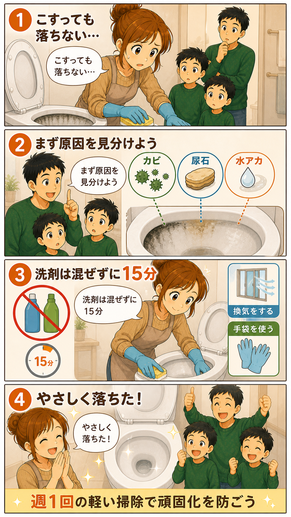 トイレ黒ずみの掃除方法を説明する4コマ漫画