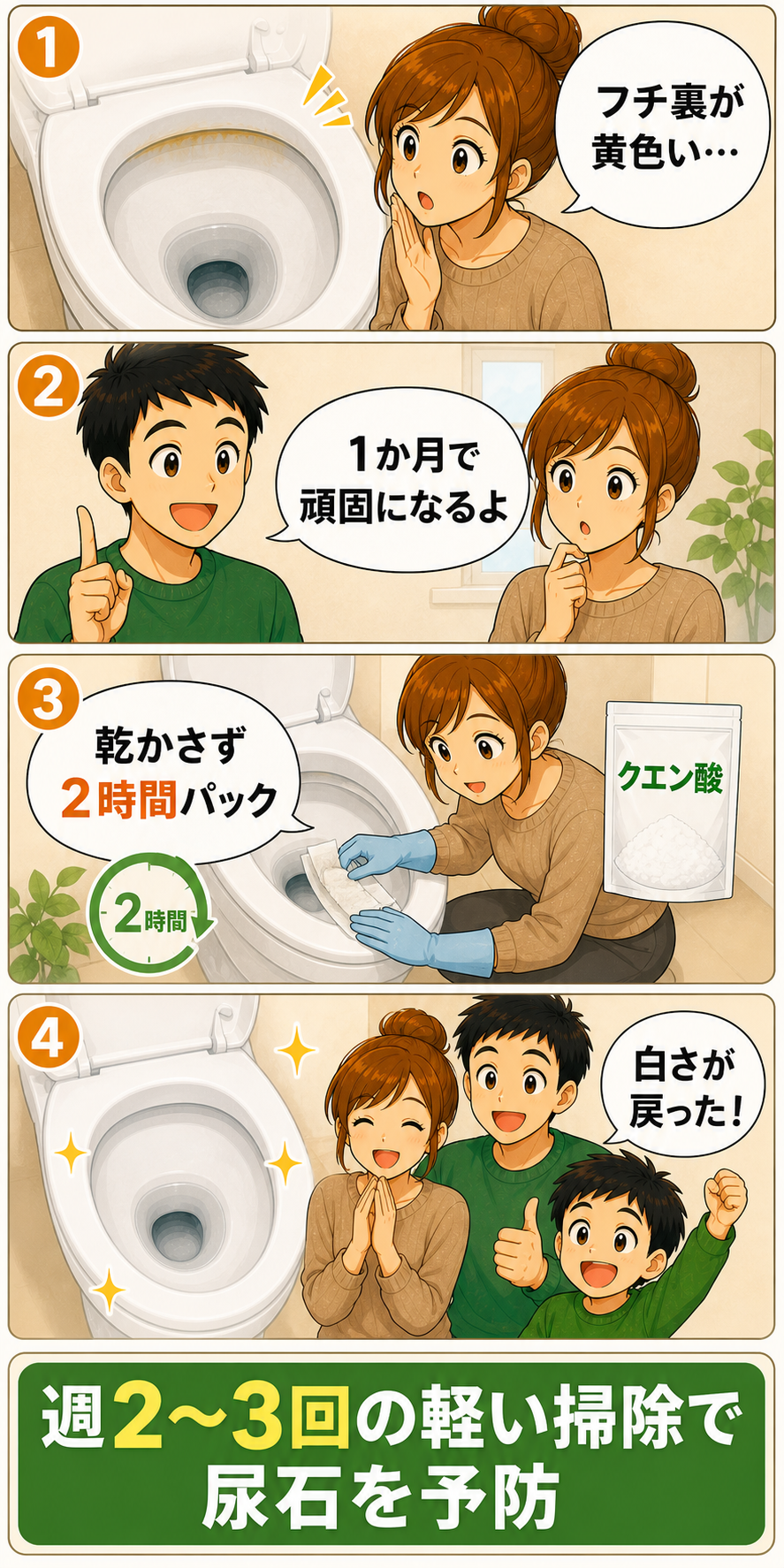 トイレ黄ばみを防ぐ掃除方法の4コマ漫画