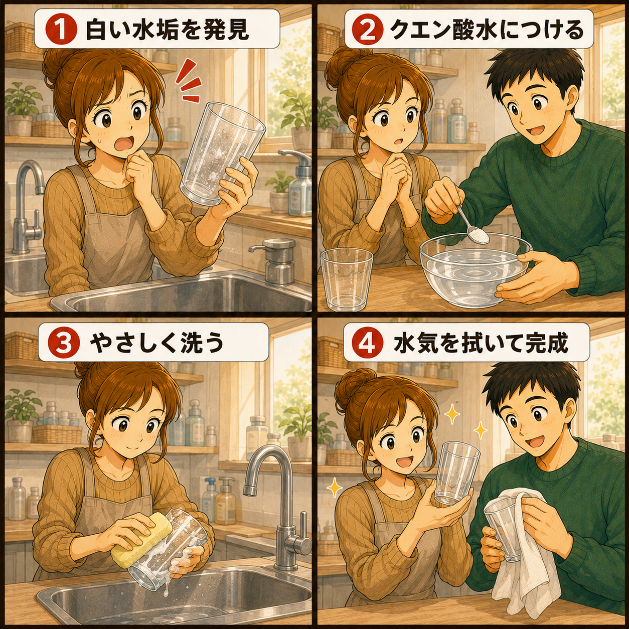 コップの水垢を落とす4ステップの4コマ漫画
