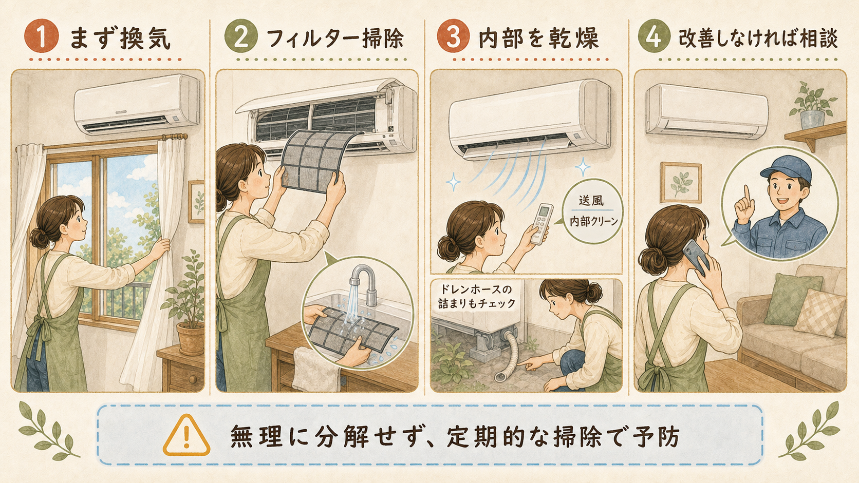 エアコンの換気、フィルター掃除、内部乾燥と相談目安をまとめた4コマ漫画