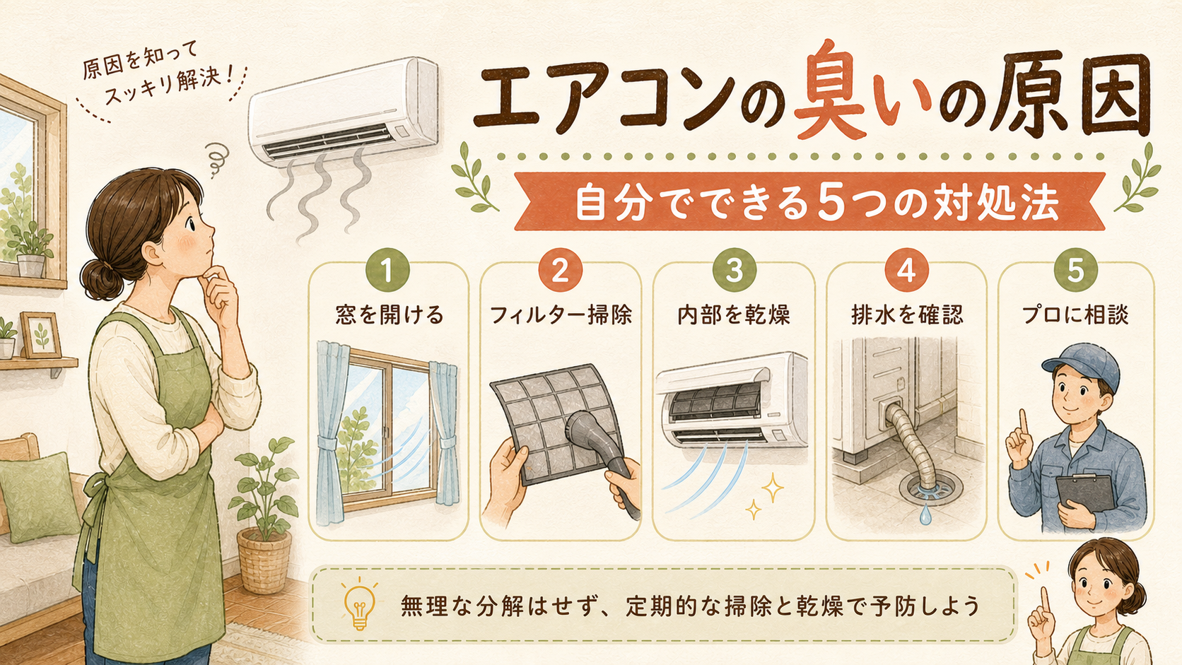 エアコンの臭いの原因と自分でできる対処法を解説するイラスト
