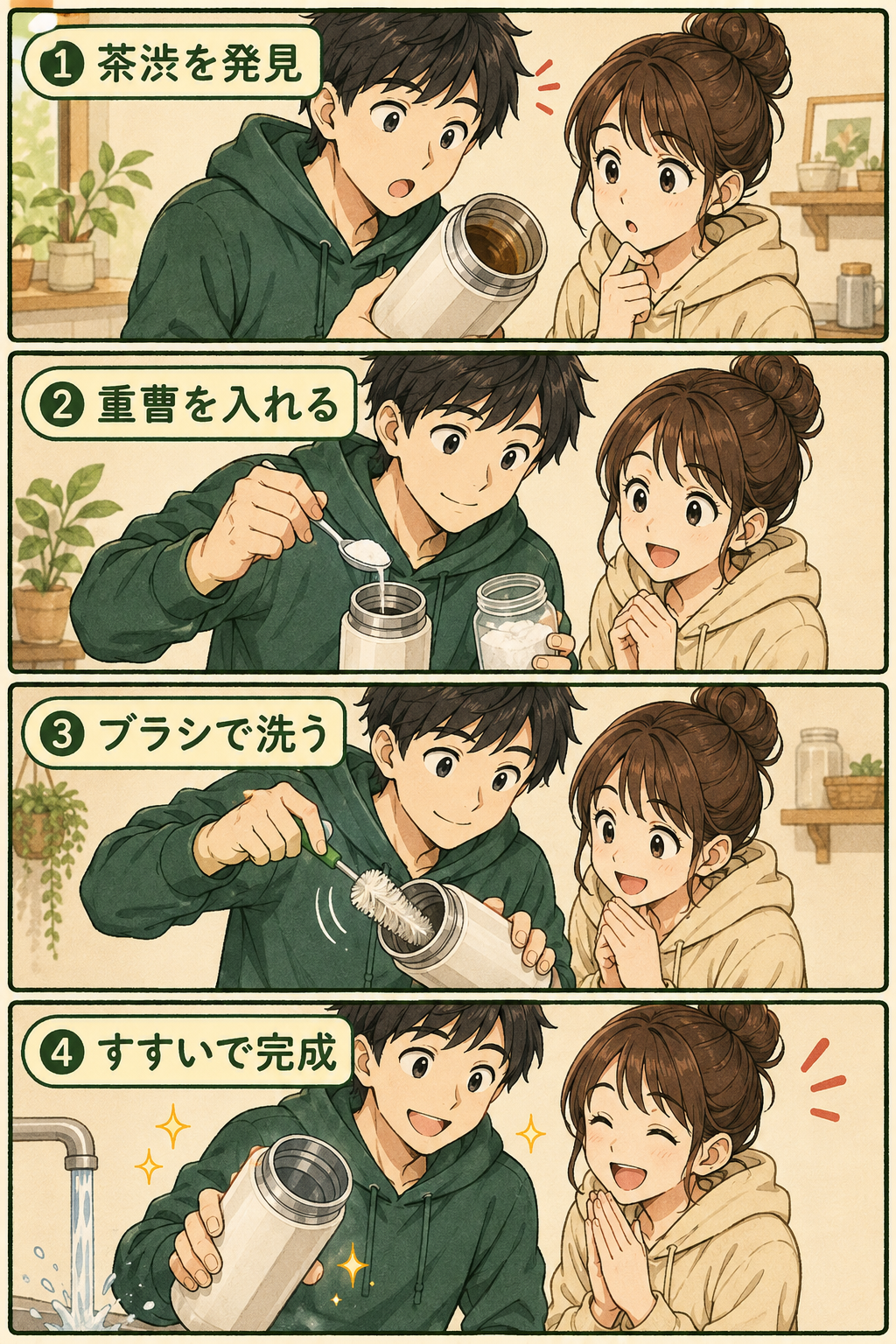水筒の茶渋を落とす4コマ漫画