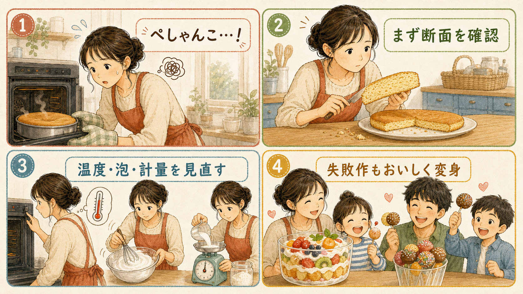 ケーキが膨らまないときの対処法をまとめた4コマ漫画