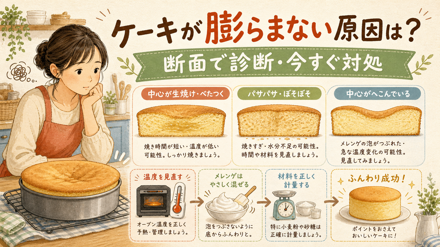ケーキが膨らまない原因を断面で診断する画像