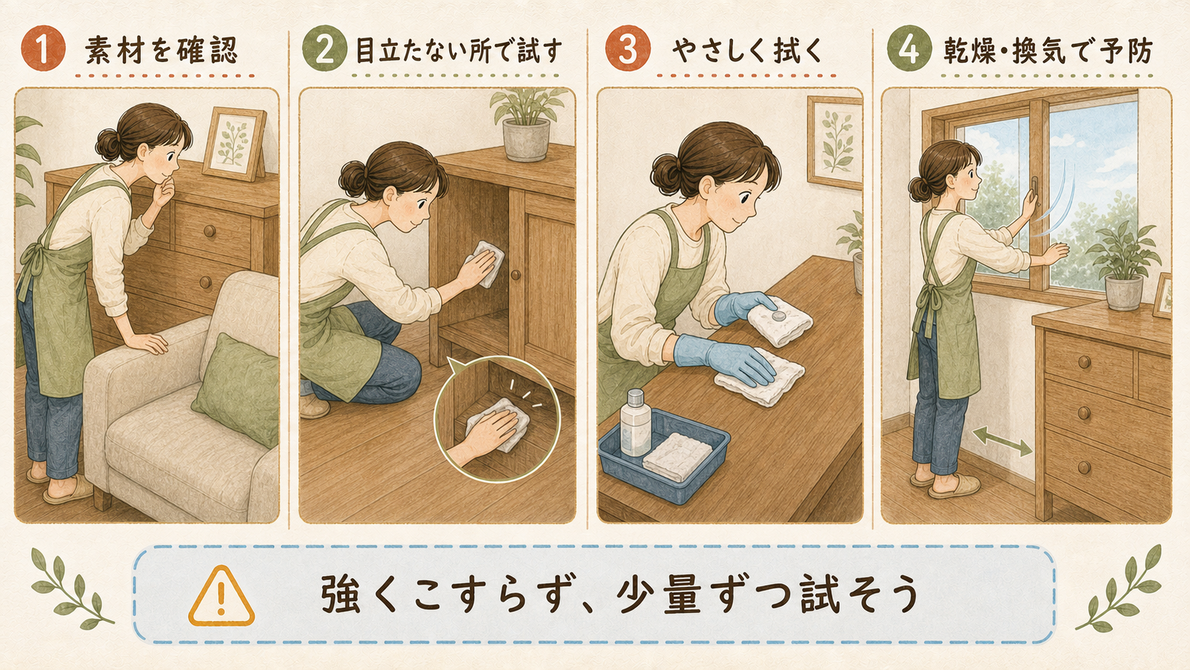 家具の素材確認から試し拭き、乾燥と換気までをまとめた4コマ漫画