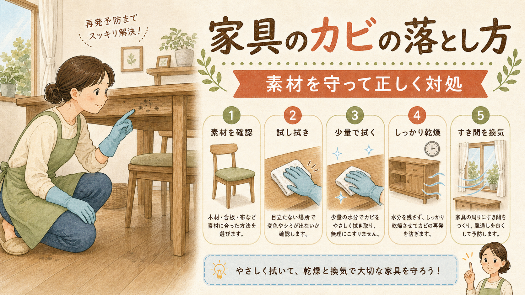 家具のカビの原因と正しい落とし方を解説するイラスト