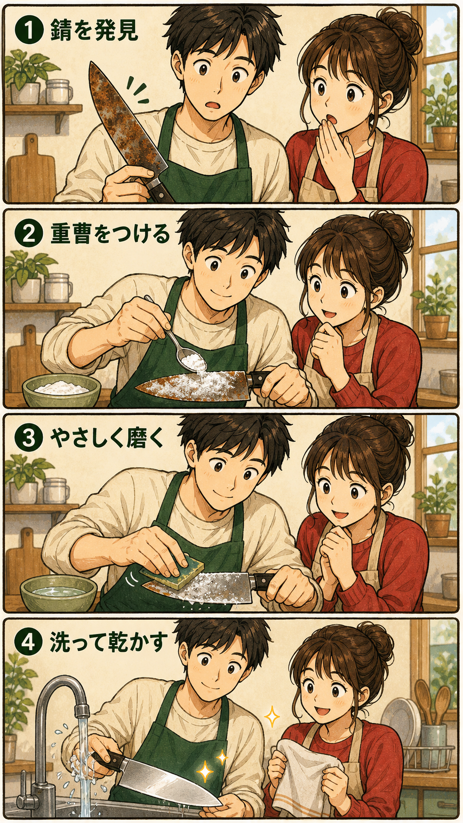 包丁の錆を落とす4コマ漫画