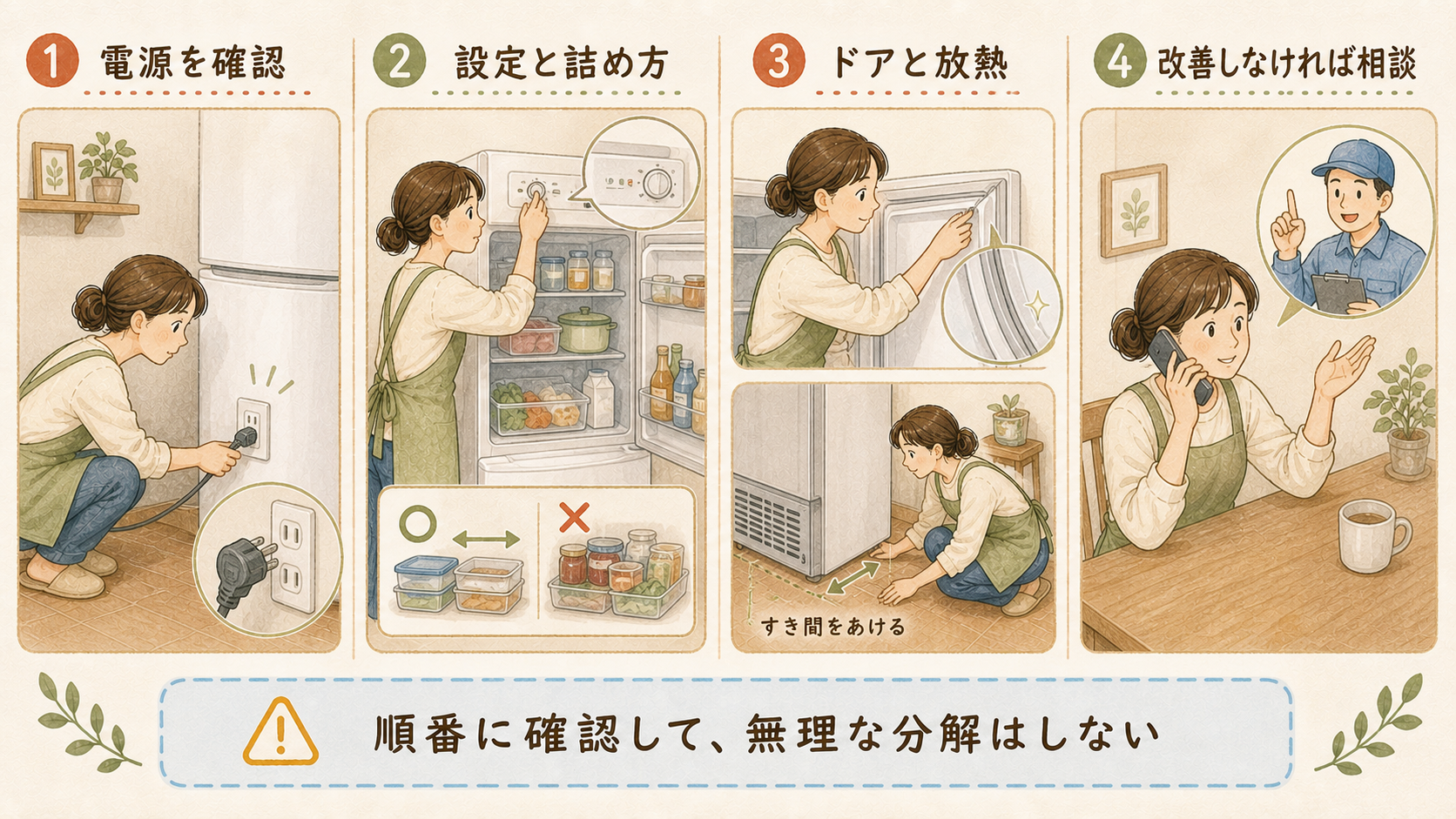 冷蔵庫の電源、設定、ドア、放熱と修理相談をまとめた4コマ漫画