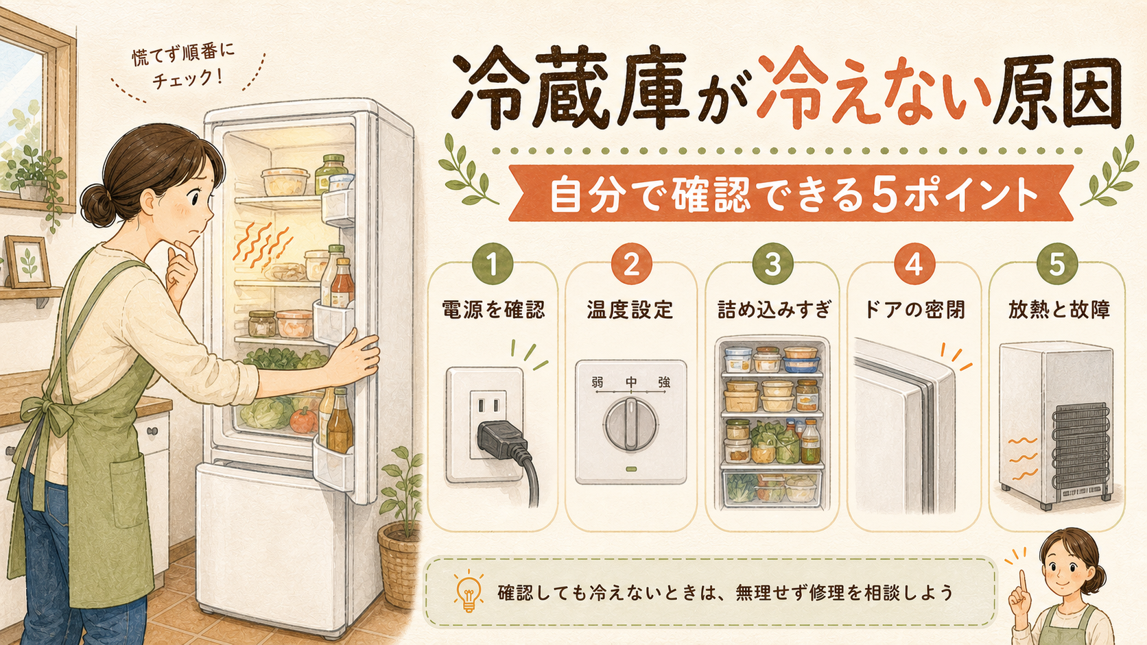 冷蔵庫が冷えない原因と確認ポイントを解説するイラスト