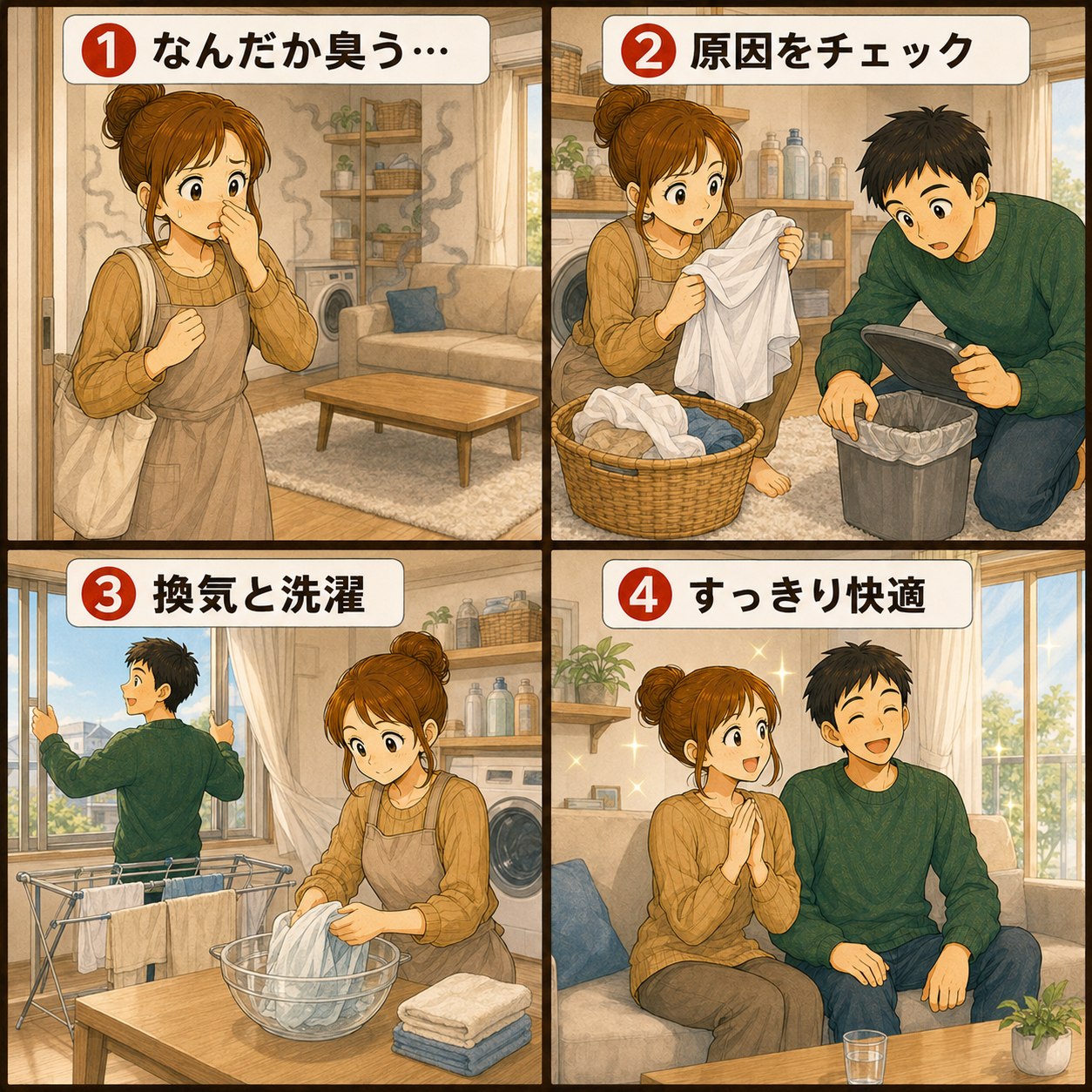 臭いの原因を確認して換気と洗濯に取り組む4コマ漫画