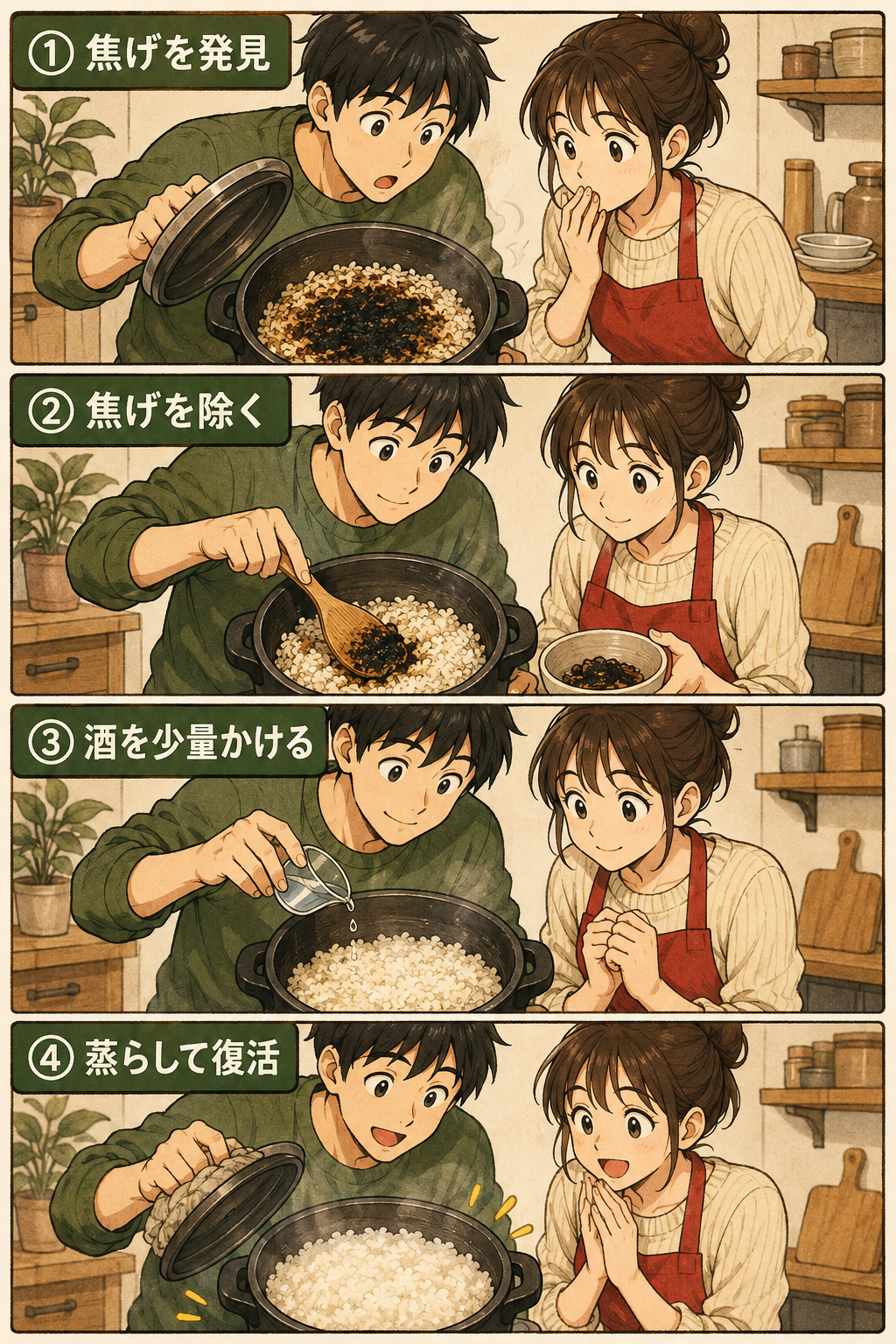 焦げたご飯を復活させる4コマ漫画