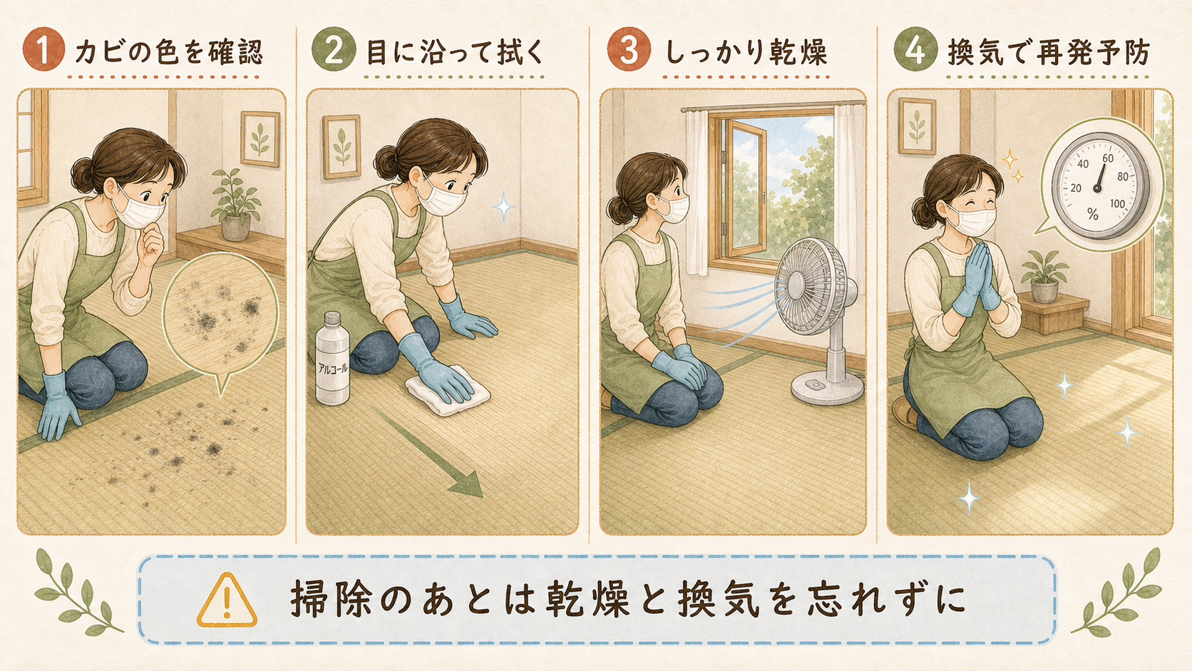 畳のカビを確認し、目に沿って拭き、乾燥と換気で予防する4コマ漫画