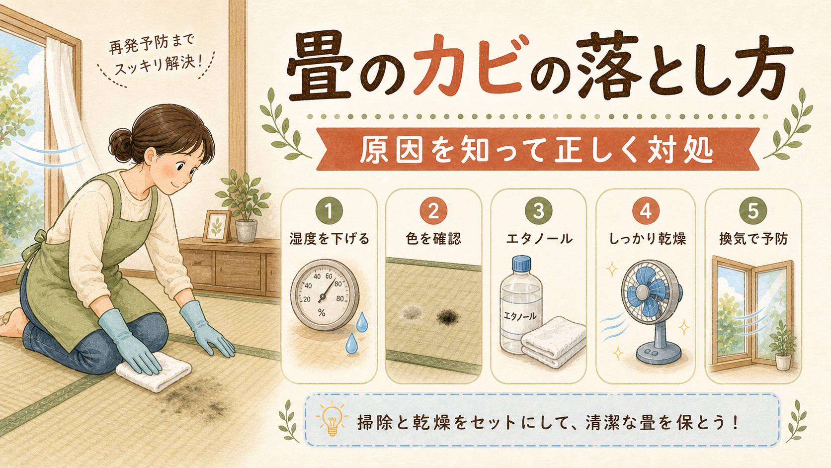 畳のカビの正しい落とし方と再発予防を解説するイラスト