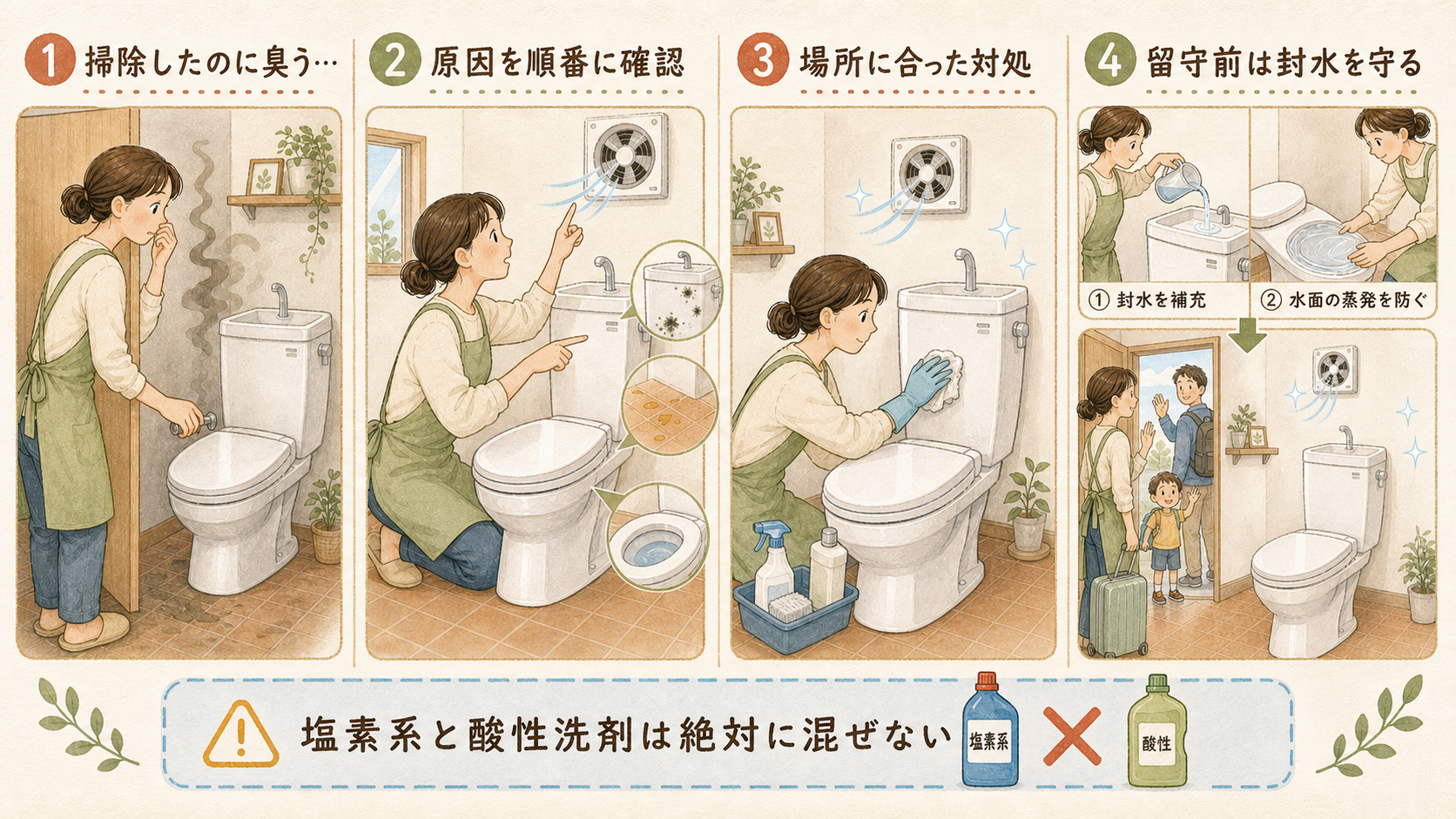 トイレの臭い対策をまとめた4コマ漫画