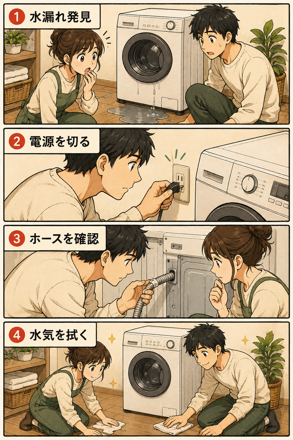 洗濯機の水漏れ対処を示す4コマ漫画